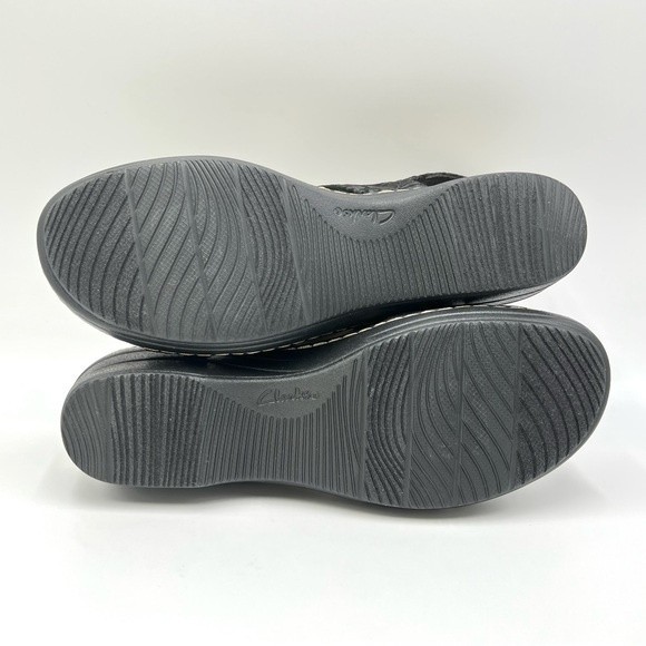 Clarks Women's Merliah Sheryl Black Leather Floral T-Strap Wedge Sandals Shoes 9 - Picture 9 of 12